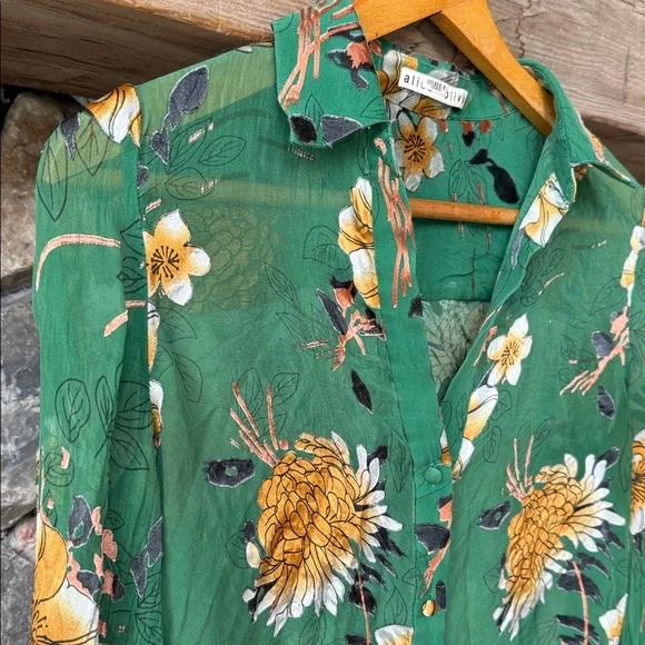 Alice + Olivia Eloise Green Floral Silk Burnout Roll Cuff Blouse Women’s Small - Picture 7 of 14